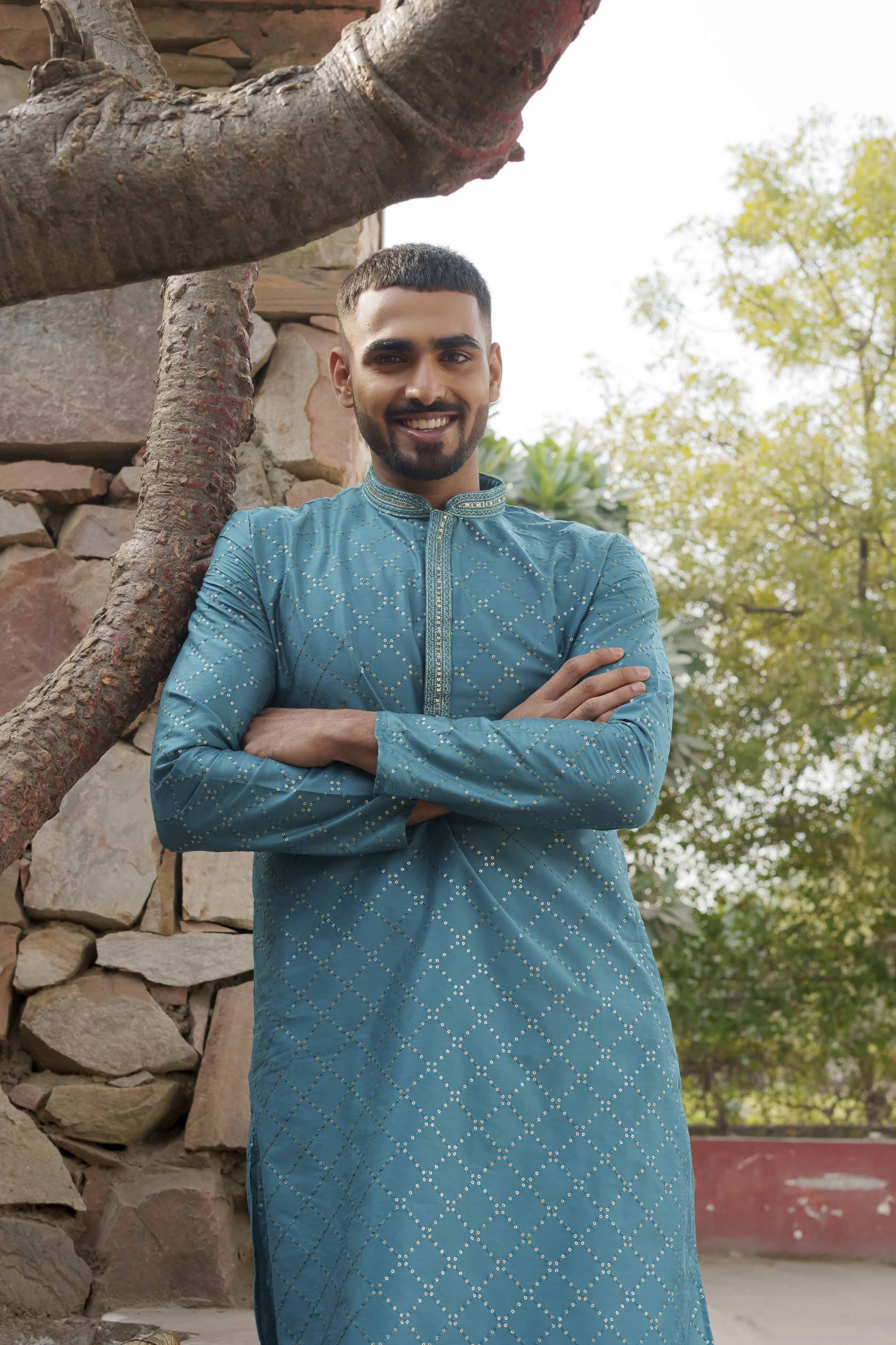 Geometric Sequence Turquoise Blue Kurta